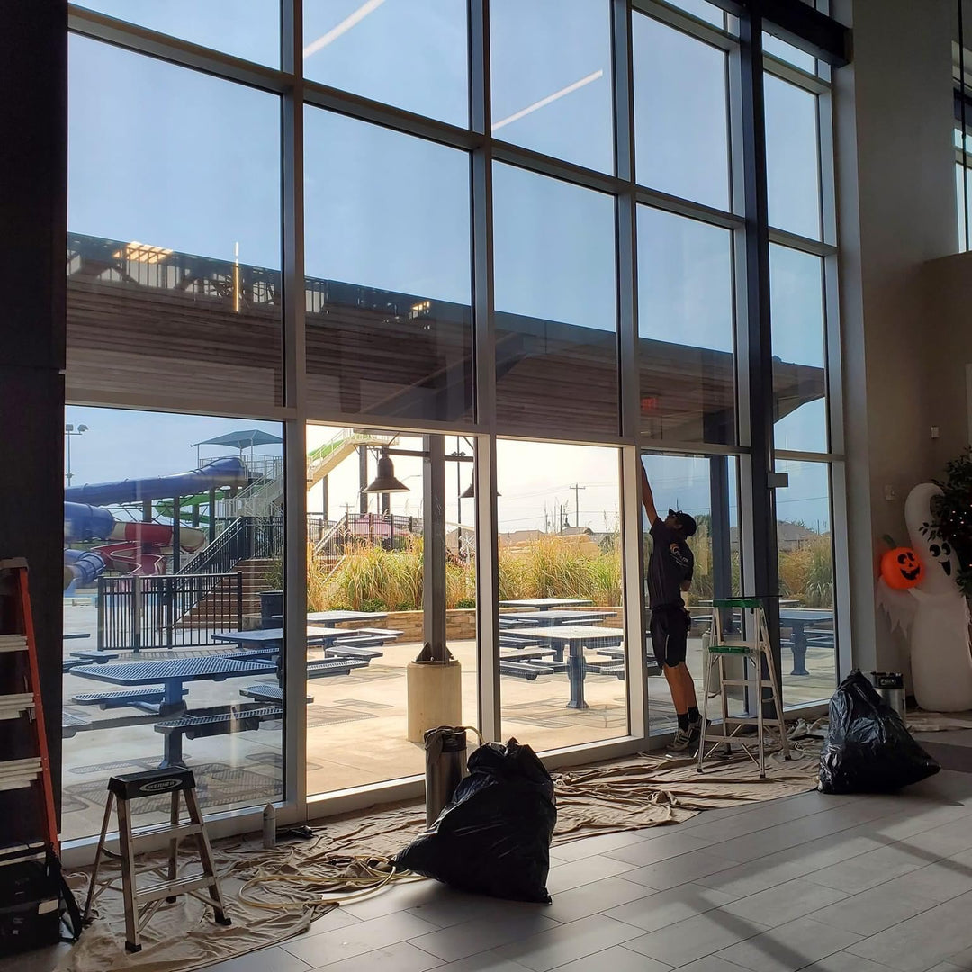 Large glass water park indoor windows tinted to reduce heat and block us rays 