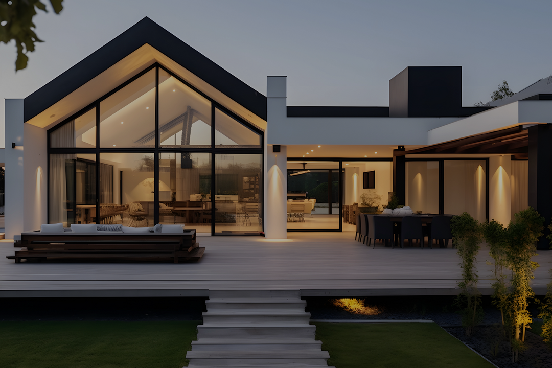 Modern house exterior with large glass windows protected with Turbo Tint window film for security and protection