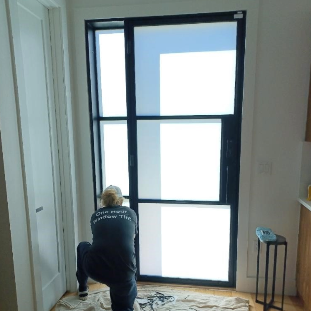 Front door window film frosted to block view into home 